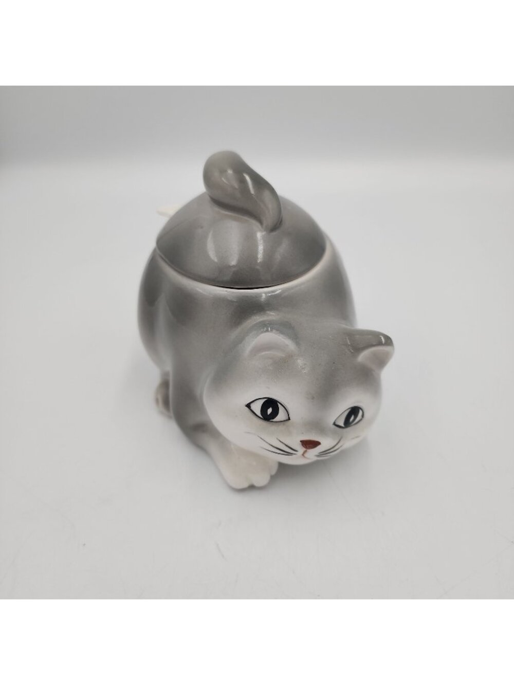 Vintage 1980 Cat Gray Ceramic Sugar Dish Lid Spoon Handpainted in Japan OTAGIRI